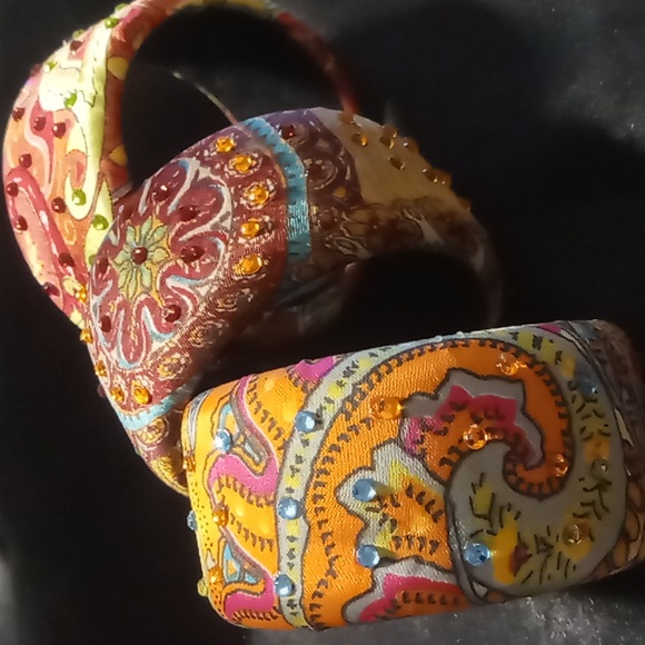 Silk covered with rhinestone bracelets colorful boho 2.5 across 1.5 in. wide. - Picture 5 of 7